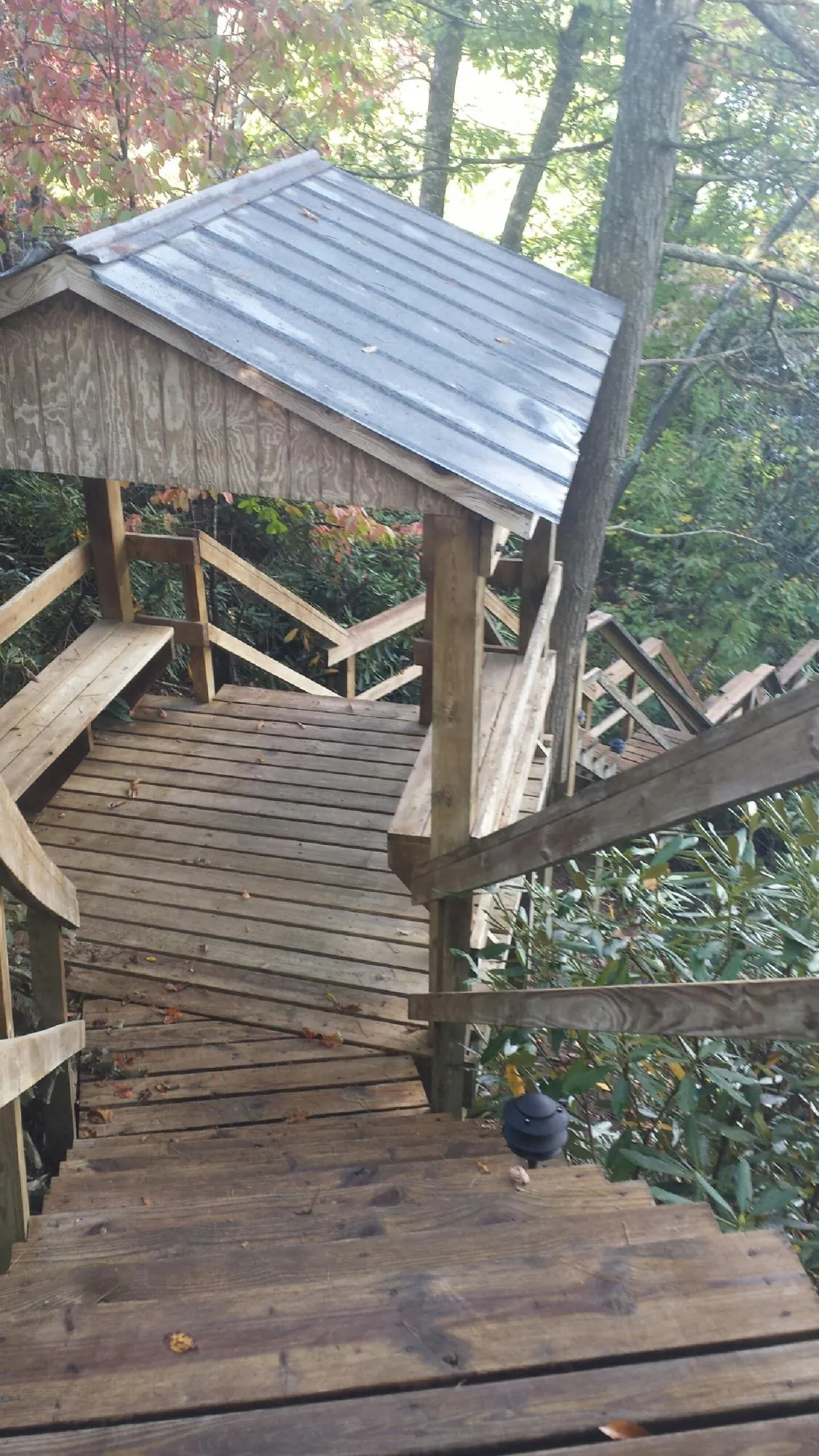 Metal roofed shelter over wooden steps on a wooded walkway — Skylight Repair & Installation work by our crew in Jensen Beach